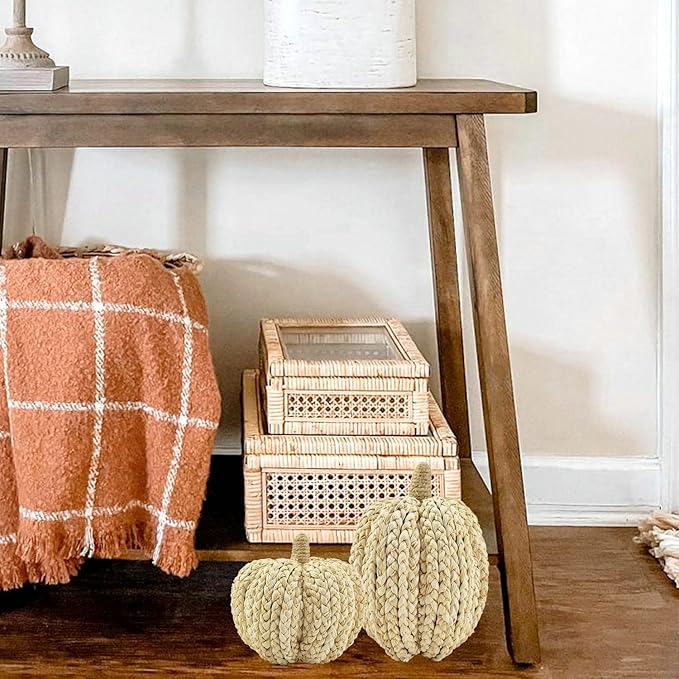 naturevibe 7.5/5.5Inches Braided Cornhusk Pumpkin Decor Set of 2 as Centerpieces for Tables,Natural Corn Stalks Woven Pumpkins for Fall Home Decor,Thanksgiving Decorations or Autumn Harvest Gifts-Ruum Studio Home