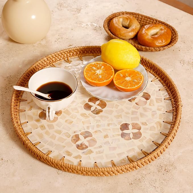 Round Rattan Tray with Mother of Pearl Inlay & Wooden Base - Decorative Wicker Serving Tray for Coffee/Bread/Fruits, Food Storage & Display - Multipurpose Home Decor (L,Four-Petal Flower)-Ruum Studio Home