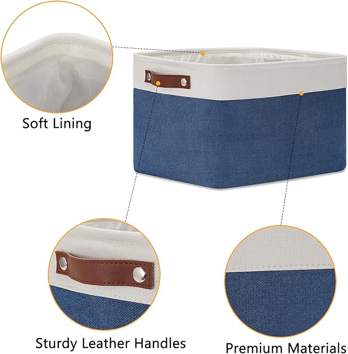 DULLEMELO Fabric Storage Bins, Foldable Storage Baskets for Organizing, Empty Gift Baskets (3-Pack Medium-15 inch X 11 inch X 9.5 inch , White&Blue)-Ruum Studio Home