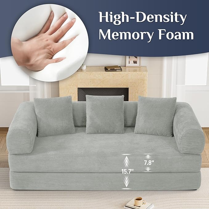 Convertible Sleeper Sofa Bed with Pillow, 4-in-1 Corduroy Folding Mattress Couch with Fixed-Shape Frame, Futon Fold Out Floor Sofa Cama Lounge Couch for Living Room Bedroom, Light Grey-Ruum Studio Home