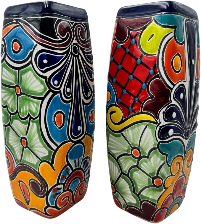 Talavera Planter Pot Square Vase Folk Art Mexican Pottery Handmade Hand Painted Home Decor Indoor Multicolor Outdoor 9.25" (Multi 22)-Ruum Studio Home