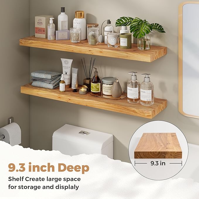 RICHFOCUS Elm Floating Shelves for Wall - 40" W x 9.3" D Rustic Solid Wood Shelves with Invisible Bracket, Wall-Mounted for Living Room, Bedroom, Kitchen Storage & Display, Set of 2, Natural-Ruum Studio Home