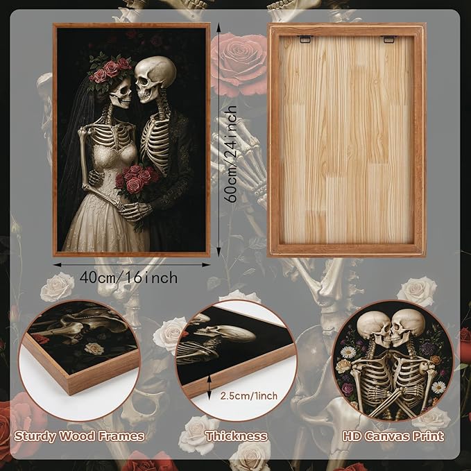 HLNIUC Halloween Rose Wedding Framed Wall Art,Vintage Skeleton Rose Canvas Prints,Abstract Romantic Theme Wall Decor Set of 3(16”x24”)Dark Romance Framed Painting,Roses Skull Art Print for Living Room-Ruum Studio Home