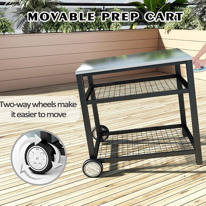 Stainless Steel Grill Cart Pizza Oven Stand Trolley Table with Wheels Pizza Cart Three-Shelf Movable Food Prep Work Dining Table with Double-Shelf Heavy Duty Outdoor 31.5" x 24 x 33.5-Ruum Studio Home