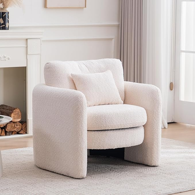 Chenille Accent Armchair Oversize Upholstered Barrel Comfy Modern Round Lounge Sofa Chair with Pillow Cozy Reading Chairs for Apartment,Office,Living Room,Dining,Makeup,Club,Beige-Ruum Studio Home