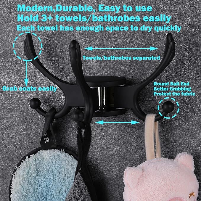 Swivel Coat Hook 2 Pack Heavy Duty Space Saving Towel Rope Hook Wall Mount Triple Swing Arms for RV Bathroom Kitchen Garage,Matt Black-Ruum Studio Home