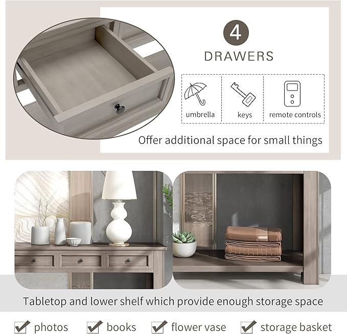 Solid Wood Console Table,Long Sofa Table Entryway Table with 4 Drawers and Bottom Shelf for Hallway Living Room Couch Table,Fully Assembled (63" Gray Wash)-Ruum Studio Home