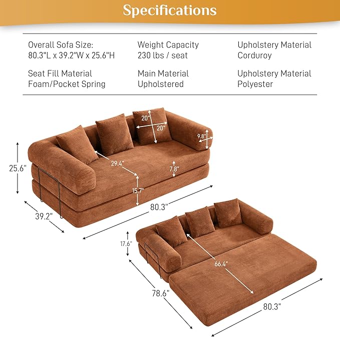 Convertible Sleeper Sofa Bed with Pillow, 4-in-1 Corduroy Folding Mattress Couch with Fixed-Shape Frame, Futon Fold Out Floor Sofa Cama Lounge Couch for Living Room Bedroom, Orange-Ruum Studio Home