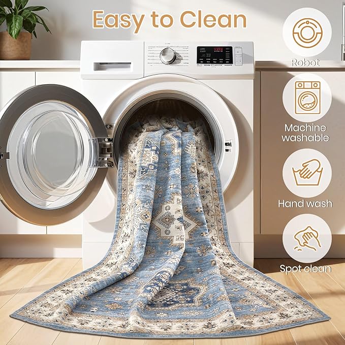 Washable Area Rugs for Living Room -8x10 Neutral Vintage Distressed Floral Farmhouse Boho Large Soft Floor Rug Indoor Non Slip Carpet for Living Room Bedroom Dining Room Office - Blue-Ruum Studio Home