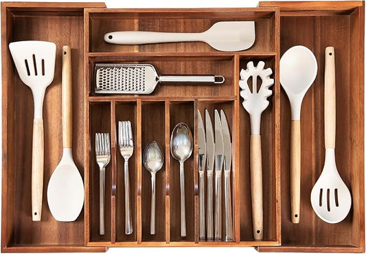 Premium Silverware, Flatware and Utensil Organizer for Kitchen Drawers, Expandable 14.5 to 25 Inches Wide, 10 Compartments, Food-Safe Premium Acacia Wood Finish Kitchen Storage Tray-Ruum Studio Home