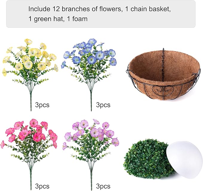 Artificial Faux Hanging Plants Flowers Basket for Outdoors Spring Summer Decoration, Silk Morning Glory Eucalyptus Look Real UV Resistant Fake Flowers for Porch Outside Patio Balcony Yard Home Garden-Ruum Studio Home
