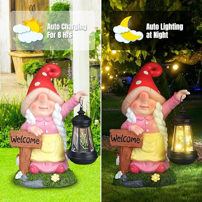 Solar Garden Gnome Statue Holding LED Lantern with Welcome Sign Outdoor Ornaments Waterproof Christmas Decoration for Outside Patio Yard Lawn Decor (Pink)-Ruum Studio Home