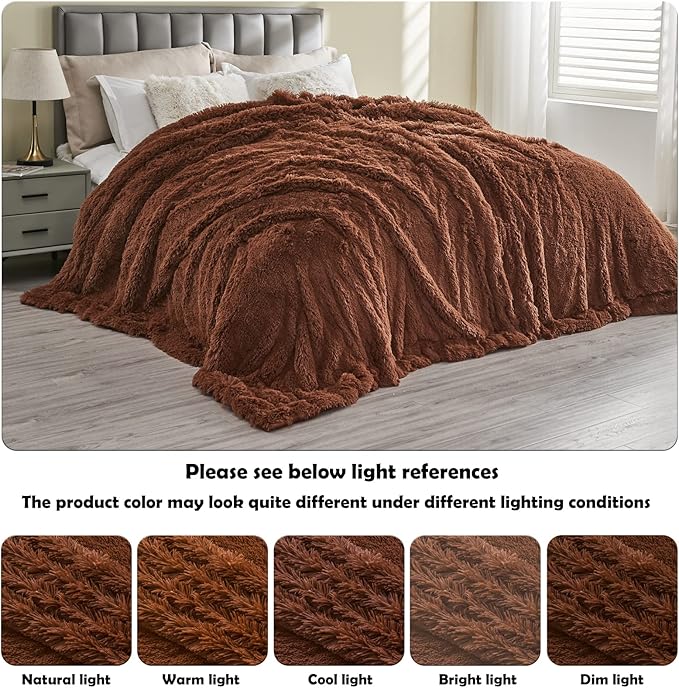 GONAAP Fuzzy Faux Fur Throw Blanket Queen Size Coffee Super Soft Cozy Plush Fuzzy Shaggy Blanket for Couch Sofa Bed (Coffee, Queen(90"x90"))-Ruum Studio Home