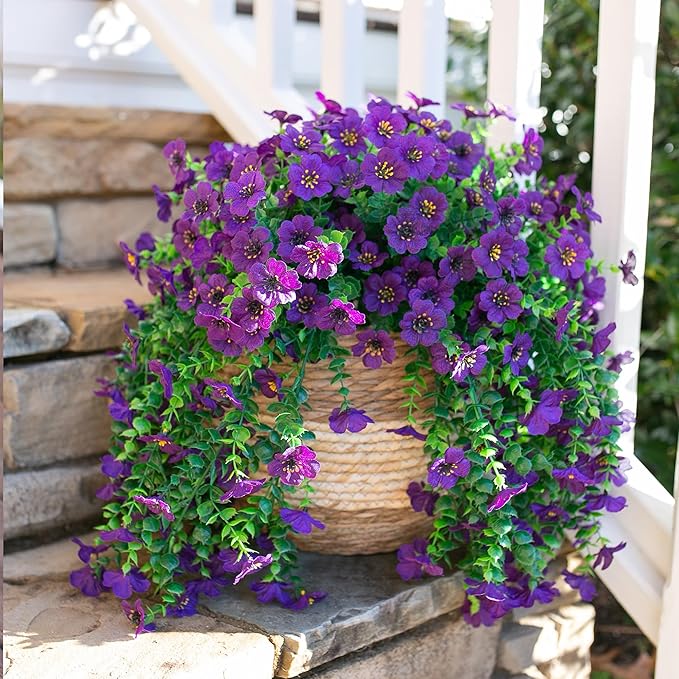 Artificial Faux Hanging Flowers Plants for Spring Outdoor Outside Decoration, 2 PCS Fake Silk Daisy with Eucalyptus UV Resistant Realistic Trailing Vines for Balcony Patio Porch (Dark Purple)-Ruum Studio Home