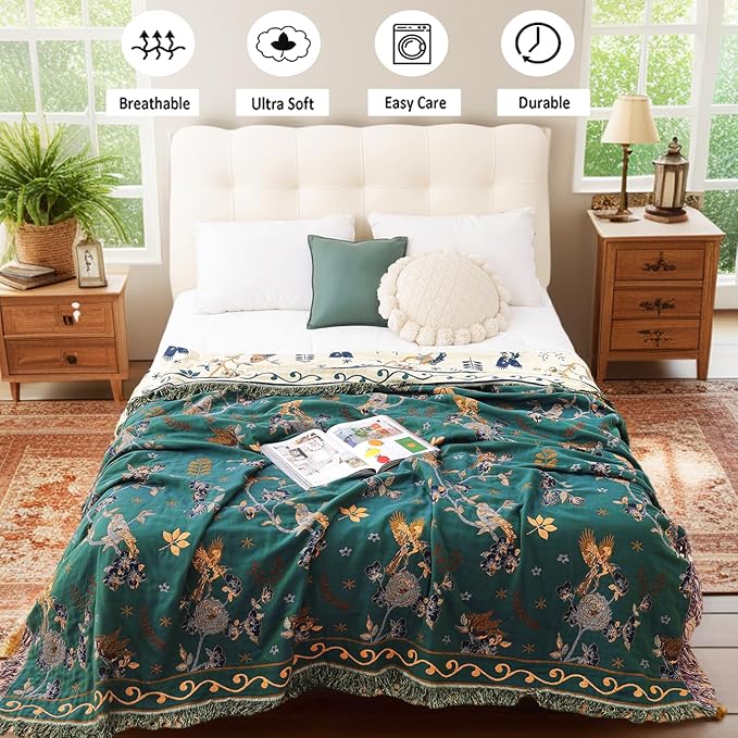 Boho 100% Organic Cotton Large Throw Blanket 50" x 60" - All Season Rustic Ultra Soft Breathable Floral Bird Blanket for Bed Sofa Couch Chair Bedspread Quilt Gift-Teal,Beige-Ruum Studio Home
