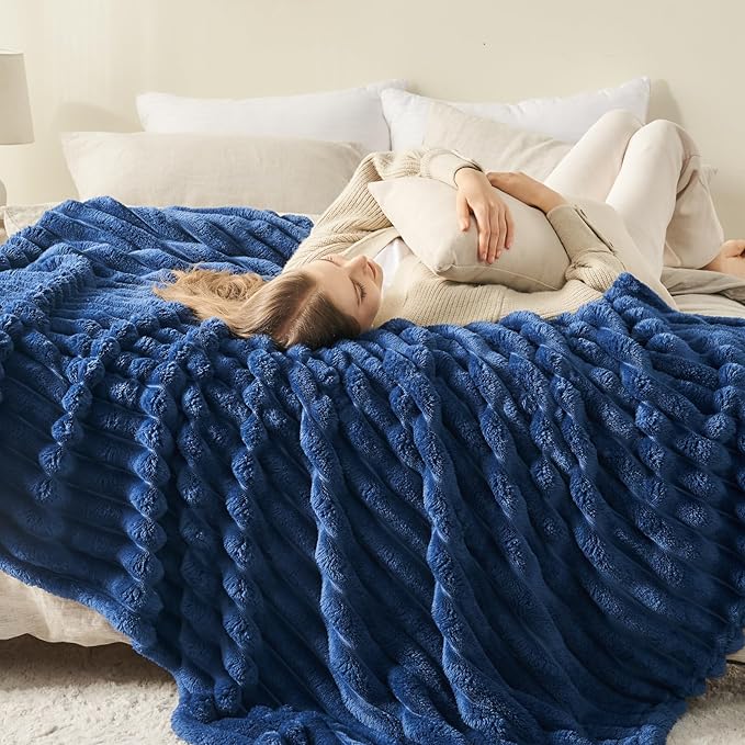 NEWCOSPLAY Super Soft Twin Blanket Navy Premium Silky Flannel Fleece 3D Ribbed Jacquard Lightweight Bed Blanket All Season Use (Navy Ribbed, Twin(60"x80"))-Ruum Studio Home