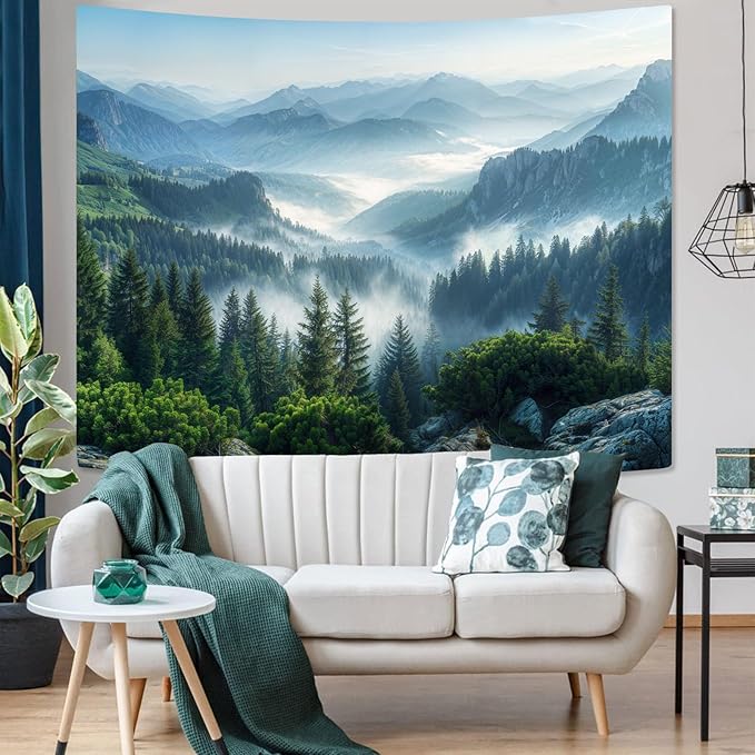 AMM Nature Forest Mountain Tapestry Green Misty Pine Tree Tapestry for Bedroom Aesthetic Foggy Woodlands Sky Landscape Tapestries Wall Hanging for Living Room Dorm 48 x 36 Inch-Ruum Studio Home