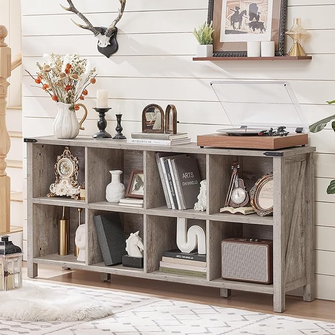 8 Cube Book Shelf, Farmhouse Wood Long Storage Organizer Bookcase, 62" Horizontal Grey Oak Console Closet Bookshelf, Hallway TV Stand for Entryway, Display Cabinet Book Case for Living Room-Ruum Studio Home
