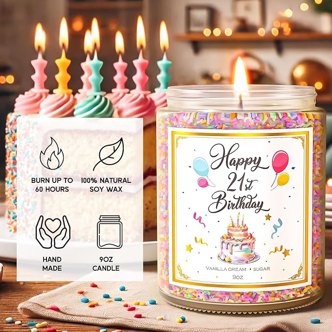 21st Birthday Candles Gifts for Women- 9 oz Happy Birthday Candle with Vanilla Birthday Cake Scent, Gifts for Women & Men, Friendship Ideas-Ruum Studio Home