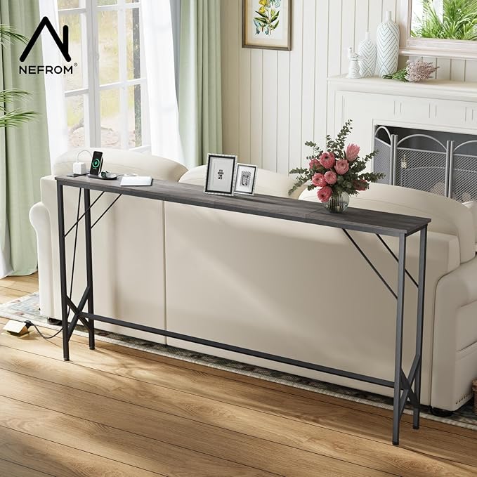 63'' Console Table, Skinny Entryway Table with Fast-Charging Station, Narrow Long Sofa Table, Behind Slim Couch Table for Entrance, Hallway, Living Room Decor ST-GY160-1-Ruum Studio Home