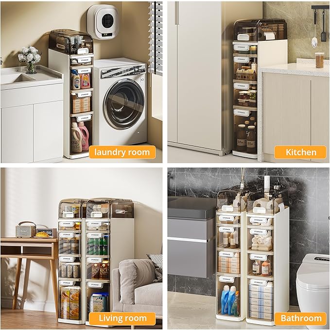 VECELO 5-Tier Narrow Beside Toilet Storage Cabinet, Plastic Bathroom Organizers and Storage with Drawers & Wheels, Space-Saving, Slim Toilet Paper Storage for Bathroom, Laundry Room, Small Space-Ruum Studio Home