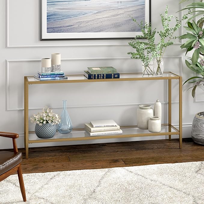 Henn&Hart 64" Wide Rectangular Console Table with Glass Shelf in Brushed Brass, Entryway Table, Accent Table for Living Room, Hallway-Ruum Studio Home