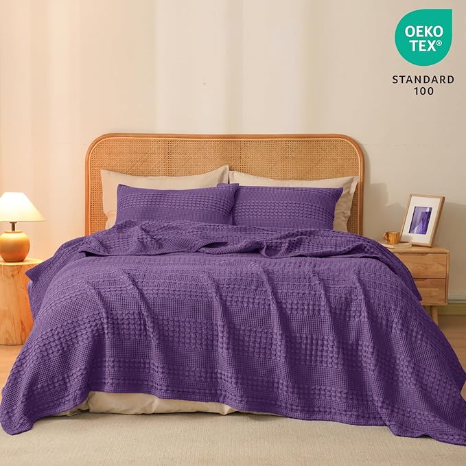 PHF 100% Cotton Waffle Weave Blanket King Size, Soft Lightweight Breathable Cozy Summer Blankets for Bed, Luxury Aesthetic Woven Bedding for Home Decor, 108"x90", Grape Purple-Ruum Studio Home