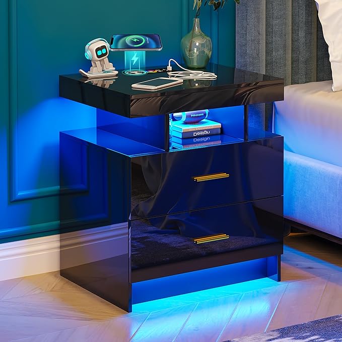 Night Stand with Light, High Gloss Nightstand with USB/Wireless Charging Station, LED Black Nightstands with Storage Drawers, RGB Side End Table for Bedroom Furniture（Black）-Ruum Studio Home