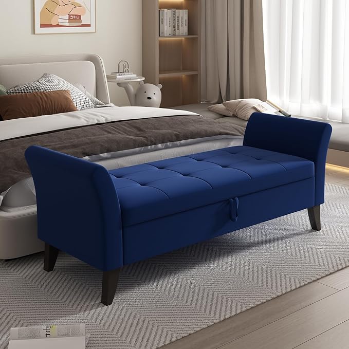Furniliving Storage Ottoman Bench, Velvet Benches End of Bed Bench with Solid Wood Legs Upholstered Ottoman Bench with Storage Indoor Bench for Living Room with Rolled Arm, Entryway, NavyBlue-Ruum Studio Home