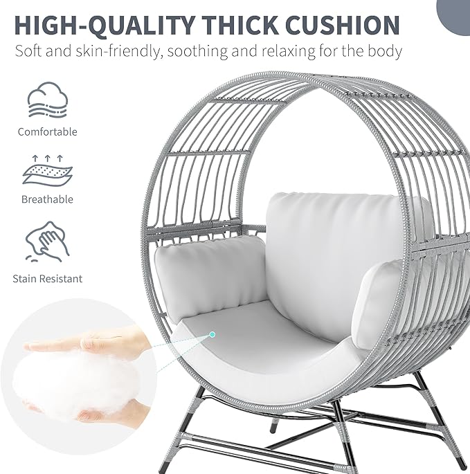 Egg Chair Outdoor Indoor, Oversized Rattan Chair with Thicken Cushion, 350LBS Capacity Wicker Patio Lounge Chair, Basket Chair for Living Room Balcony Porch Backyard, Grey/Light Grey-Ruum Studio Home