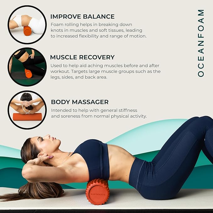 Oceanfoam Tidal Roller - Orange - Muscle Massage Foam Roller for Back Pain & Stretching - Firm and Ergonomic Wide Wave Textured - Yoga, Athletics, & Wellness - Full Size, 20" x 5"-Ruum Studio Home