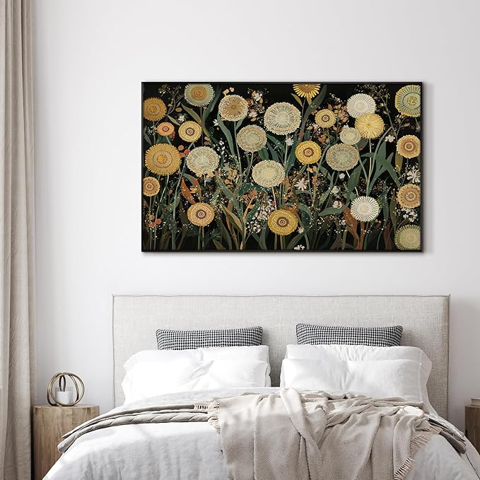 SIGNWIN 30"x60" Extra Large Framed Wall Art Whimsical Dandelion Field in Yellow and Green, Playful Botanical Print for Home Living Room Bedroom Decor (Frame Assembly Required)-Ruum Studio Home