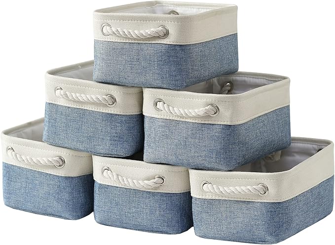 TcaFmac Storage Basket for Shelves - Small 6 Pack Fabric Storage Bins for Organizing, Collapsible Storage Cubes with Handle for Closet Cloth Toy Decorative Gift (White & Blue11.8 x 7.8 x 5.2 inch)-Ruum Studio Home