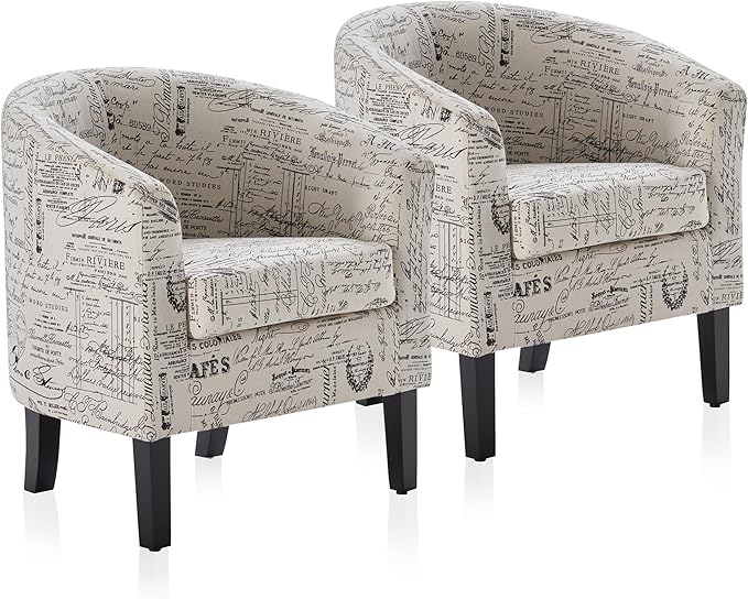 BELLEZE Accent Barrel Chair Set of 2, Linen Round Chair Club Tub Sofa Corner Chair with Flared Legs and Cozy Soft Padding for Living Room Bedroom Waiting Room - Black & Beige-Ruum Studio Home