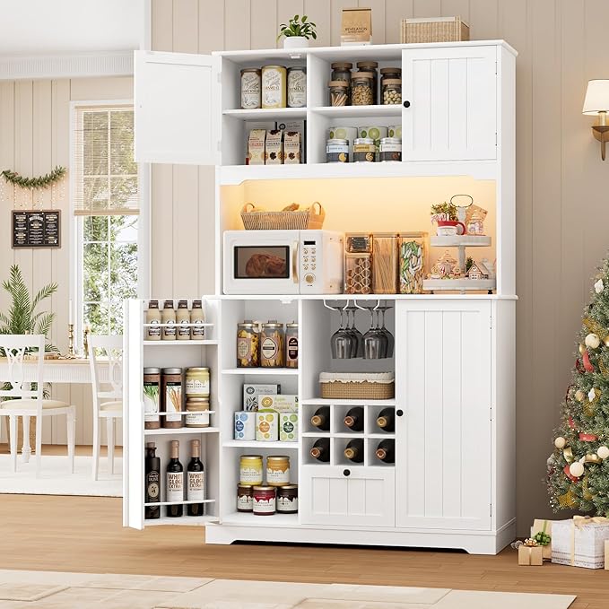 FINETONES 71" Pantry Cabinet with 7-Color LED Light and Charging Station, Kitchen Pantry Cabinet with Microwave Stand, Kitchen Hutch Food Storage Cabinet with Outlet and Wine Racks, White-Ruum Studio Home