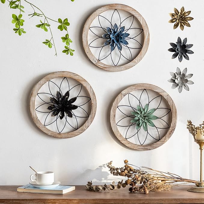 Paquesta 3 Piece Round Farmhouse Wall Decor with 6 Piece Interchangeable Flowers 12'' Medallion Wood & Metal Rustic Wall Art for Living Room Bedroom Kitchen Bathroom Dining Room Home Decorations-Ruum Studio Home