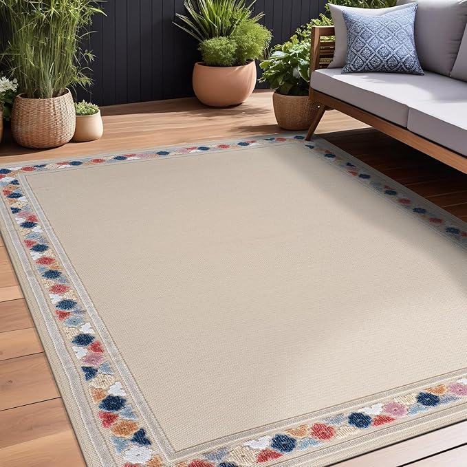 Beverly Rug Outdoor Rug 5x7 Modern Bordered Area Rugs for Indoor and Outdoor Patio Easy to Clean Non Shedding Living Room Porch Garden Washable Outside Carpet (5 x 7 Beige)-Ruum Studio Home