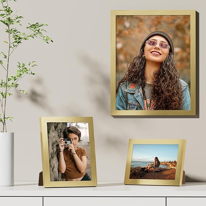 Vittanly 11x14 Picture Frames Set of 9, Shatter Resistant Plexiglass, Display 8x10 Pictures with Mat or 11x14 without Mat, Photo Frames for Wall or Tabletop, Engineered Wood, Gold-Ruum Studio Home