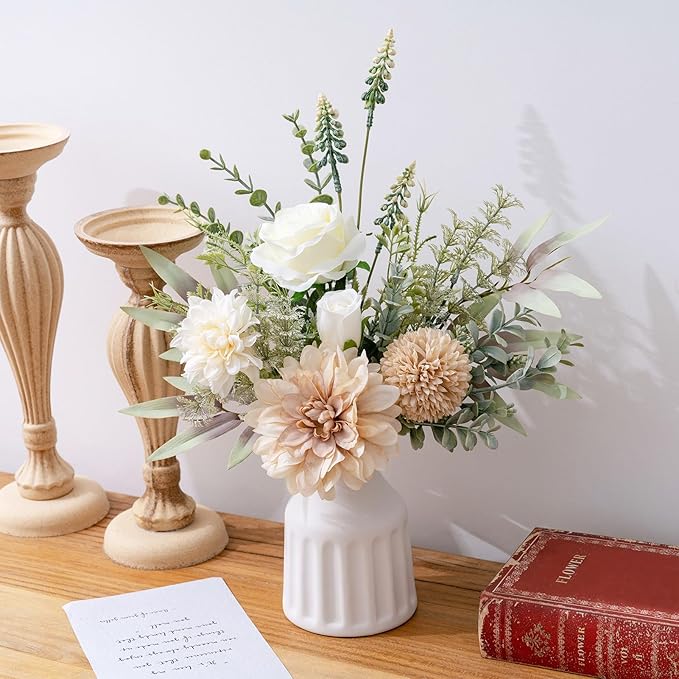 Fake Flowers in Vase, Artificial Flowers with Vase, 15.7'' Floral Arrangements for Dining Table Centerpiece Decor, Silk Roses & Faux Dahlia Bouquet for Farmfouse Kitchen Coffee Table Decor (Brown)-Ruum Studio Home