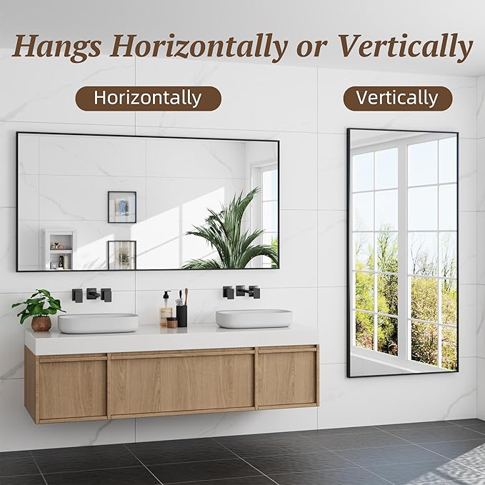 Bathroom Mirror 60" x 30", Large Rectangle Wall Mirror, Black Metal Frame Wall Mounted Mirrors for Bathroom, Vanity, Bedroom, Entryway Decor(Horizontal/Vertical)-Ruum Studio Home