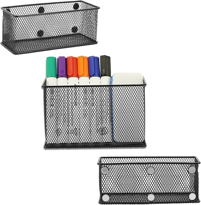 Neudeco Locker Shelf Organizer, Magnetic Pencil Holder, Metal Storage Basket for Whiteboard, Refrigerator, Ideal Cabinet for School, Black (Pack 3M)-Ruum Studio Home