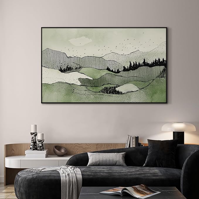 SIGNWIN 36"x60" Extra Large Framed Wall Art Green Line Art Mountain Landscape Illustration for Home Living Room Bedroom Decor (Frame Assembly Required)-Ruum Studio Home