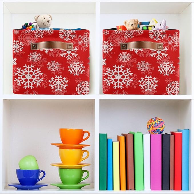 Christmas White Snowflakes on Red Storage Basket Cube Storage Bins Organizer Bag Collapsible Closet Shelf Baskets with handle for Baby Cloth Pet Toy Book 14.2×10.2×8.3 IN-Ruum Studio Home