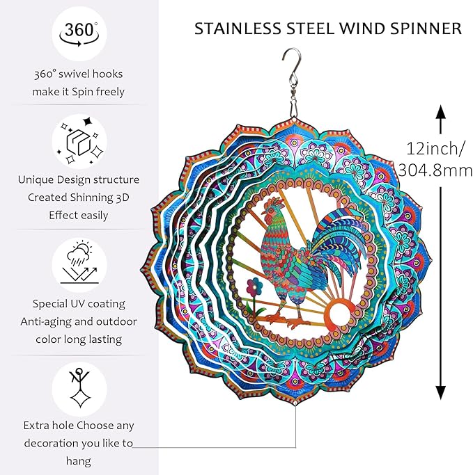 Rooster Wind Spinner for Yard and Garden,12in Wind Spinners Outdoor Rooster Gifts,Chicken Gifts for Women Mother Grandma Wife Men Father,Garden Decor Metal Hanging Yard Art Wind Sculpture-Ruum Studio Home