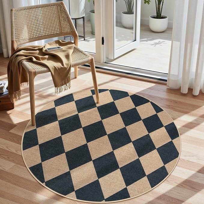 Lahome Checkered Round Entryway Rug 4ft, Circle Indoor Outdoor Patio Rug Washable Farmhouse Easy Jute Kitchen Rugs, Contemporary Non Slip Round Carpet for Bedroom Front Porch-Ruum Studio Home