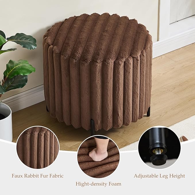 Furniliving Modern Round Ottoman, Large Size Bedroom Ottoman Footstool Round Ottomans Stool for Living Room, Bedroom, Makeup Room, Brown, Faux Fur-Ruum Studio Home