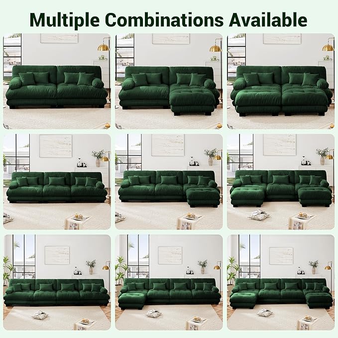 Modular Sectional Sofa, Cloud Couch U Shaped Sectional Couches for Living Room, Green Couch Oversized Loveseat with Movable Ottoman, Modern Deep Seat Sofa with Throw Pillows, Chenille-Ruum Studio Home