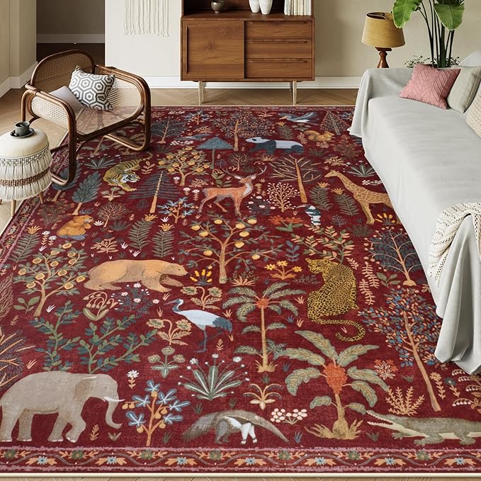 OJIA Animal Washable Rugs 8x10, Soft 8x10 Area Rugs for Living Room, Non Slip Bedroom Rug Under Bed Ultra-Thin Nursery Rug Large Carpet for Dining Room Office Playroom, Red-Ruum Studio Home