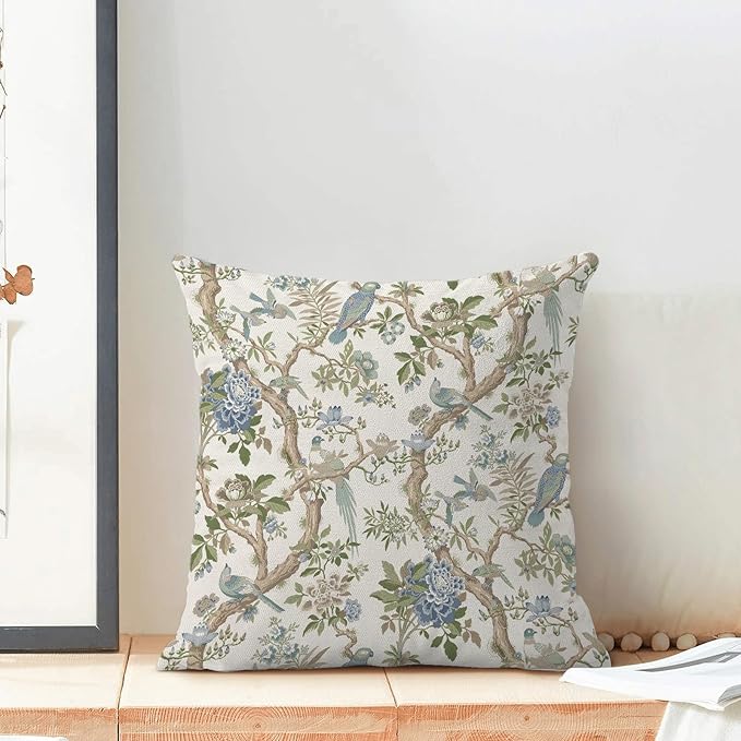 CXMEIFLY Chinoiserie Spring Pillow Covers 22 x 22 Inch Set of 2 for Blue Sage Green Vintage Flowers Bird Decor Throw Pillows Plant Farmhouse Outdoor Decorative Cushion Cases for Couch Bed Decorations-Ruum Studio Home