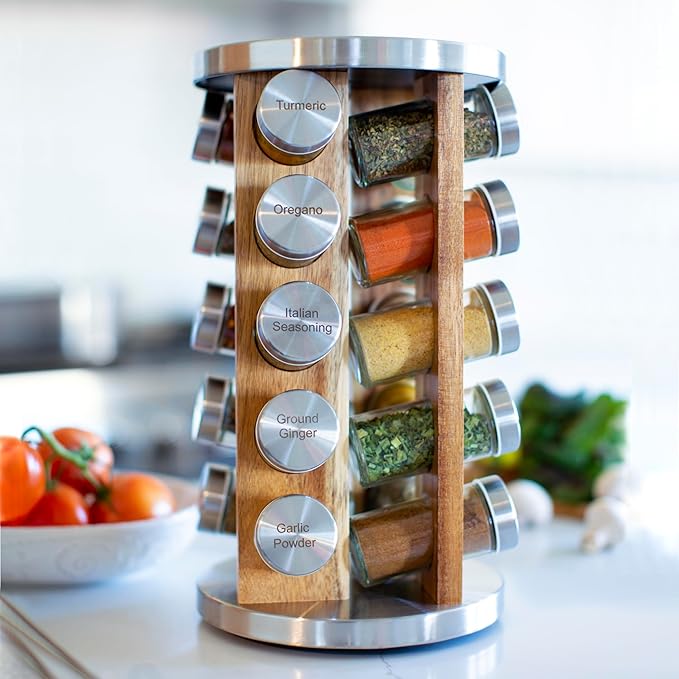 Orii 20 Jar Spice Rack with Spices Included - Tower Organizer for Kitchen Spices and Seasonings, (Natural Acacia Wood)-Ruum Studio Home